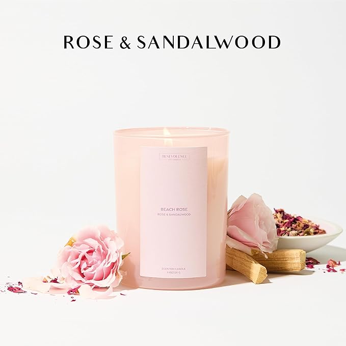 Rose & Sandalwood Scented Candle | 11oz, 60 Hour Burn | Natural Soy Wax, Cotton Wick | Fall & Holiday Candles | Christmas Scented Candles for Home | Benevolence LA Sun-Kissed Collection - Beach Rose - Bloomnest