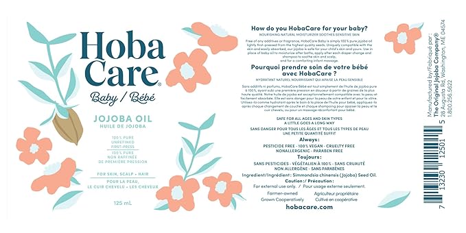 HobaCare Jojoba Baby Oil with Pump Dispenser – 100% Pure Natural Unrefined Unscented Cold-Pressed Jojoba Oil for Baby Hair, Infant Skin, Cradle Care & Body Moisture (4.22 fl oz) - Bloomnest