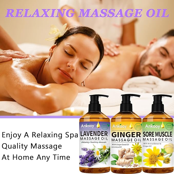 3 Pack Massage Oil for Massage Therapy,Sore Muscle Arnica Oil & Relaxing Lavender Oil & Ginger Oil Lymphatic Drainage & Massage Ball,Spa Massage Kit Christmas Gifts Stocking Stuffers for Men Women - Bloomnest