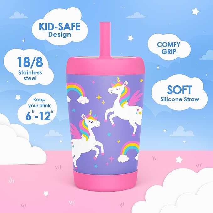 Kid Insulated Stainless Steel Tumbler with Silicone Straw, 12oz Sippy Cup for Kids (Unicorn) - Bloomnest