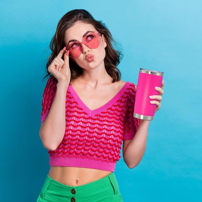 20 oz Tumbler with lid Double Wall Vacuum Insulated Tumblers Stainless Steel Coffee Mug Travel Coffee Tumbler Powder Coated Tumbler Cup Keep Hot&Cold - (Hot Pink 6 Pack) - Bloomnest