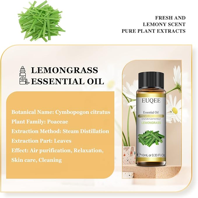 EUQEE Lemongrass Essential Oil 0.33 oz/10 ml Premium Essential Oil for Diffusers, Humidifier, Candle Making, DIY Soap - Bloomnest