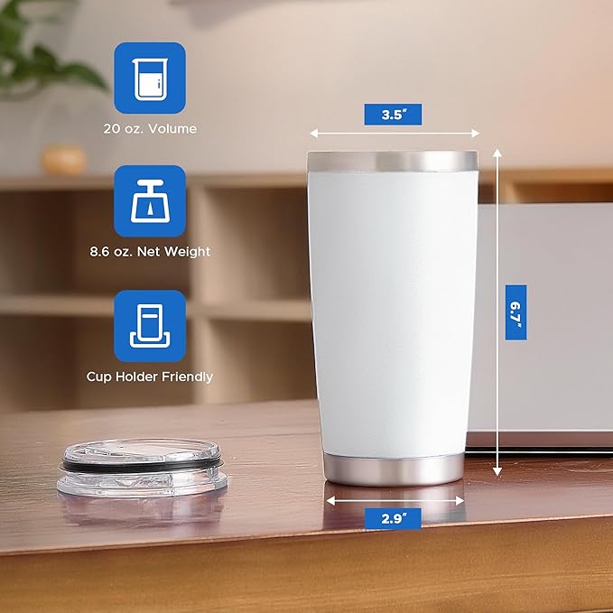 OMTech 20oz Tumblers Bulk, 12pc Stainless Steel Tumbler Set with Lid & Straw, Double Wall Vacuum Insulated Mug for Laser Engraver, Travel Coffee Mug for Hot & Cold Drinks, White Powder Coated Cup - Bloomnest