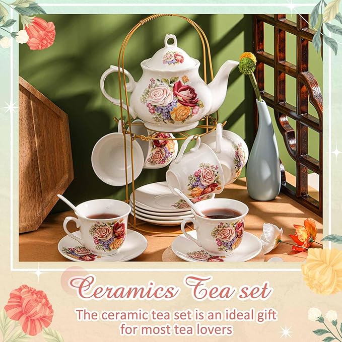 Zhehao 20 Pcs Porcelain Tea Set with Metal Holder and Spoon Adult Ceramic Tea Set European Flower Painting Teapot Cup Saucer Spoon for Women, Large Version(Styleish Style) - Bloomnest