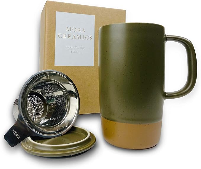 Mora Ceramics Large Tea Mug with Loose Leaf Infuser and Ceramic Lid, 18 oz, Portable, Microwave and Dishwasher Safe, Tall Coffee Cup - Rustic Matte Ceramic Glaze, Modern Herbal Tea Strainer, Olive - Bloomnest