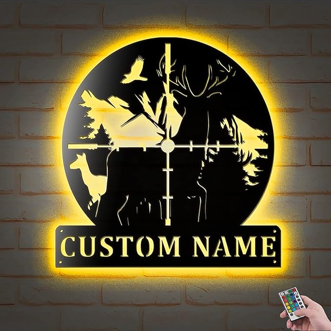 Lovely POD Personalized Hunting Metal sign, Hunting Art, Custom Deer Hunter Compass Metal Wall Art Led Light, Personalized Hunter Name Sign Decoration For Home, Deer Hunting Home Decor - Bloomnest