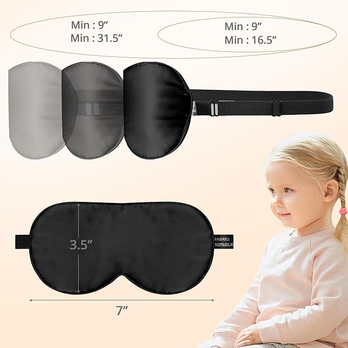 Kids Sleep Mask Eye Cover, 100% Real Natural Pure Silk Eye Mask with Adjustable Strap, Blindfold Kids Eye Mask for Sleeping, Eye Shade for Boys Girls and Adult, Pressure-Free Comfort (Black) - Bloomnest