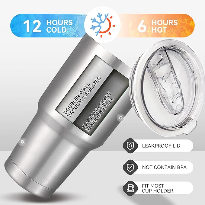 30 oz Tumbler with Lid Stainless Steel Tumblers Bulk Vacuum Insulated Cup Reusable Powder Coated Travel Mug Double Wall Leak Proof Cups Keep Cold Drinks for 12 Hours Stainless, Set of 4