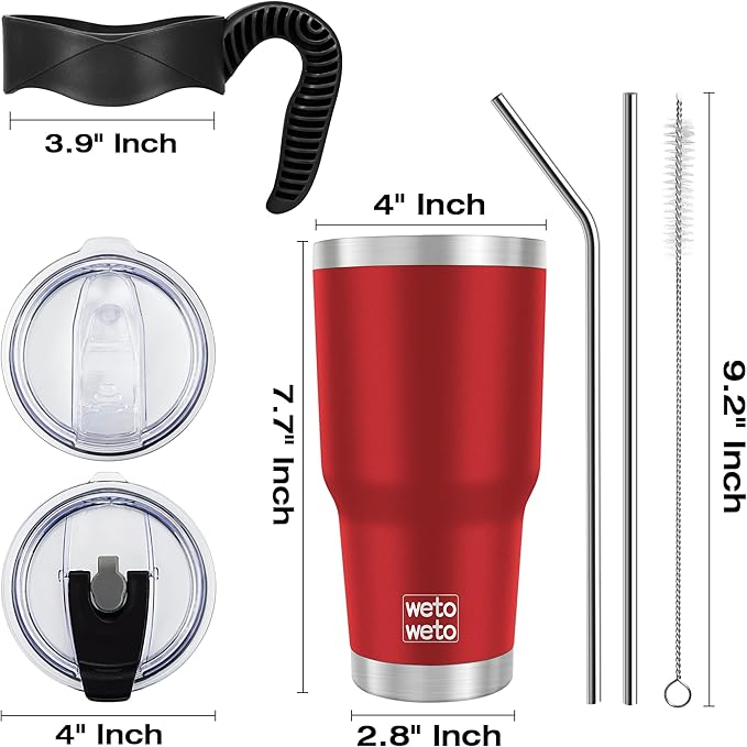 WETOWETO 30oz Insulated Tumbler With 2 Lids and 2 Straws, Stainless Steel Double Vacuum Coffee Tumbler Cup with handle, Powder Coated Travel Mug for Office, Travel(Harvest Red, 1 Pack)