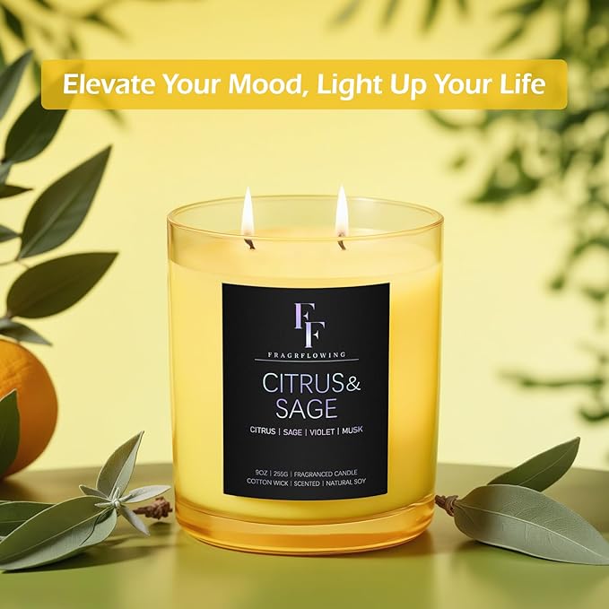 Citrus & Sage Scented Candle, 2-Wick Luxury Soy Wax Candle, 9 oz Aromatherapy Candle Home Fragrance Candles Gift - Bloomnest