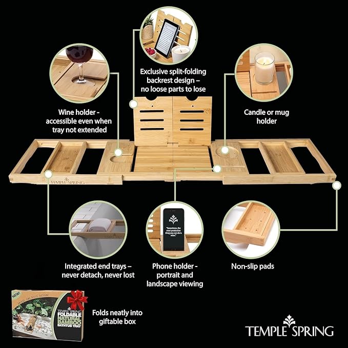 Temple Spring Foldable Bathtub Tray, Unique Design Selfcare Bathroom Caddy, Bamboo Spa Bathroom Tray, Wooden Bathtub Accessories, Wedding Gift/Birthday Gift/New Home Bath Table - Bloomnest