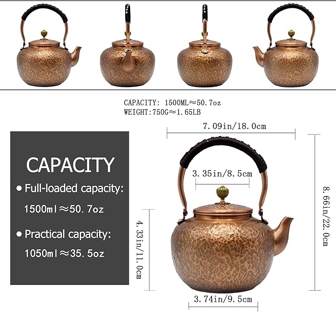 50.7oz Elegant Chinese Style Copper Tea Kettle For Stovetop, Non-Coating Pure Copper Teapot with Stainless Steel Infuser For Loose Tea, Large and Solid Tea Pot(1500ml) - Bloomnest
