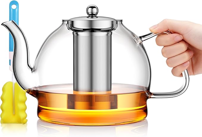 1800ml Glass Teapot with Infuser, Stovetop Safe Large Tea Pot, Hand Crafted Borosilicate Glass Tea Kettle, Blooming and Loose Leaf Tea Maker for Tea Lovers, Tea Gift Set with Cleaning Brush - Bloomnest