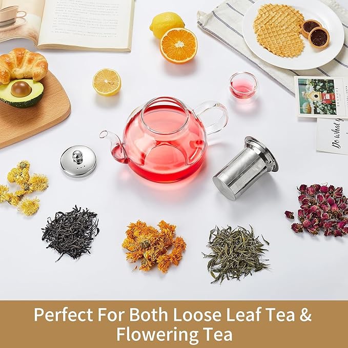 60OZ (1800ML) Glass Teapot with Infuser Stovetop Safe, Clear Glass Tea Pot Kettle, Borosilicate Tea Pot with Infusers Filter for Loose Tea, Tea Kettle Dishwasher Safe - Bloomnest