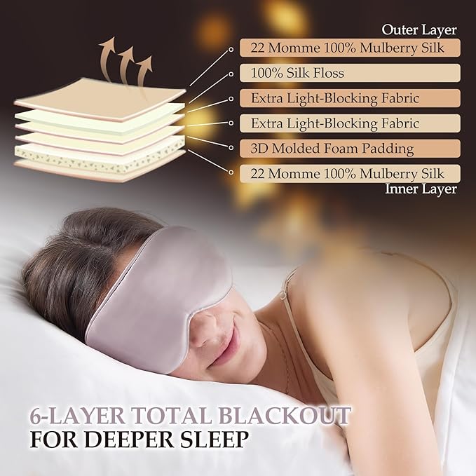 100% Mulberry Silk Sleep Mask for Unisex, 22 Momme 3D Silk Contoured Eye Mask, Breathable Light Blocking Blindfold with Adjustable Strap, Blackout Eye Cover for Travel, Dusty Purple - Bloomnest