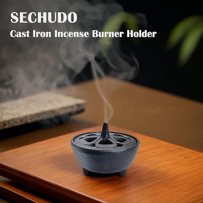 Small Cast Iron Incense Burner Holder, Home Decor, Bowl Design with Decorative Lid, Black Incense for Sticks, Resin, Cone Incense or Wax Melts - Bloomnest