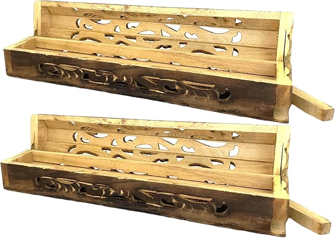 2 Pack Wooden Coffin Incense Sticks Burner - 12 Inches Carved - Storage Compartment, Carved Carving - Bloomnest