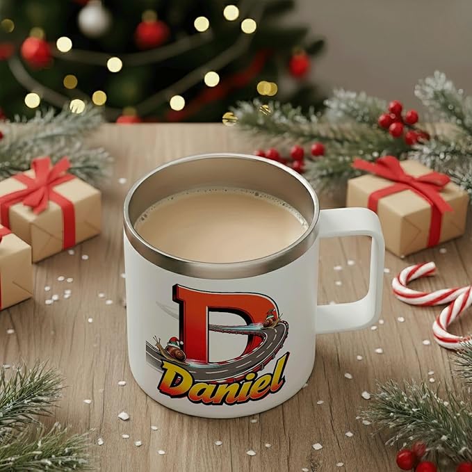 JugJug Personalized Christmas Mug with Initial & Name - Funny Racing Snails 12oz Insulated Coffee Cup w/Lid - Xmas Gifts for Kids, Boys, Racers (B178) - Bloomnest