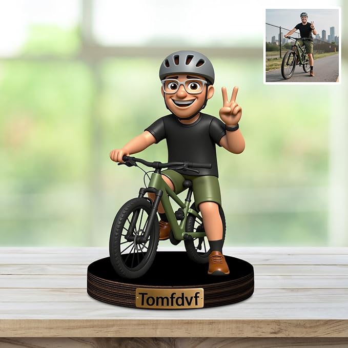 Custom Bicycle Cycling Biker Photo Cartoon Style Desk Decor with Wooden Base, Personalzied Cycling Biker Lover Cartoon Picture Portrait Sculpture Frame Acrylic Sign Plaque Gifts for Women Men - Bloomnest