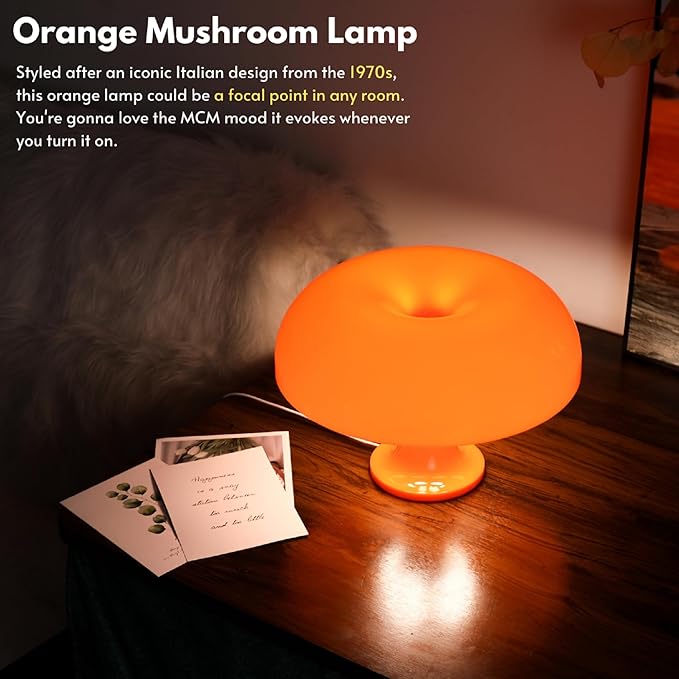 Orange Mushroom Lamp, Mushroom Shaped Donut Lamp with 3 Lighting Modes, 70s Retro Mid Century Modern Light for Bedroom, Dimmable Funky Unique Light Cool Home Decor Aesthetic - Bloomnest