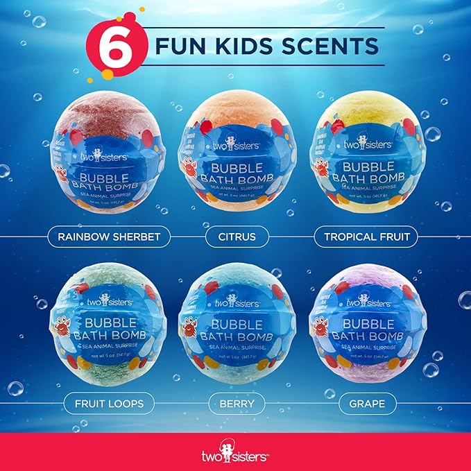 Sea Animal Bath Bombs for Kids with Surprise Toys Inside (6 Pack) - Bubble Bomb Stocking for Girls and Boys, Gentle and Safe Ingredients, USA Made, Ideal Gift for Children & Teens by Two Sisters - Bloomnest
