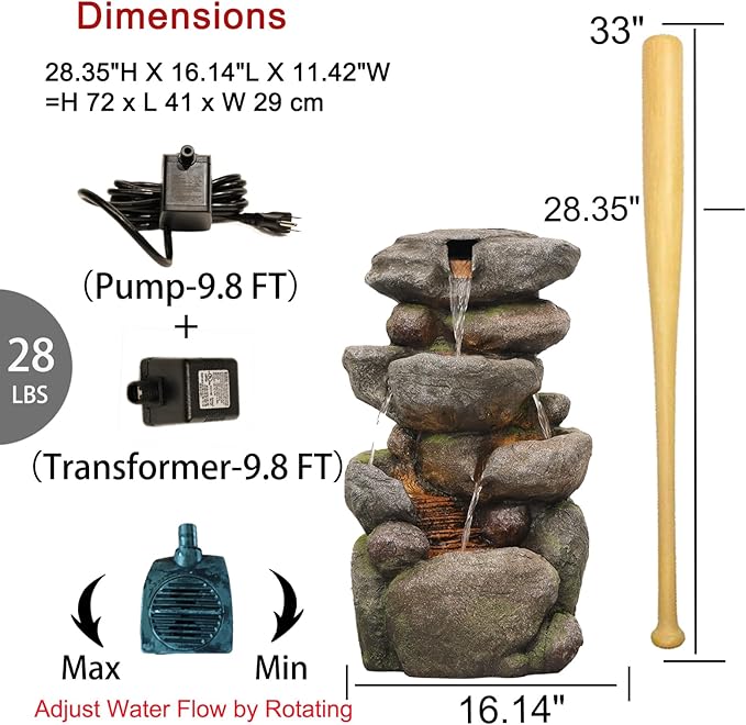 Garden Outdoor Fountains 4-Tier Rock Outdoor Water Fountain with Lights, 28.35" Waterfall Fountain for Garden, Patio, Yard, and Lawn, Natural Stone Look Water Features Outdoor Patio - Bloomnest