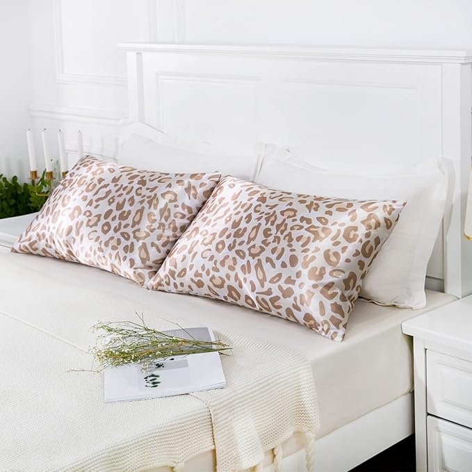 MR&HM Satin Pillowcase for Hair and Skin, Silk Satin Pillowcase 2 Pack, King Size Pillow Cases Set of 2, Silky Pillow Cover with Envelope Closure (20x36, Champagne Leopard) - Bloomnest