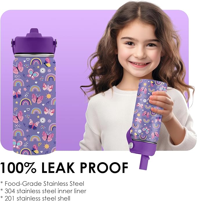 Butterfly Gifts - 16oz Purple Kids Water Bottle with Straw Lid, Stainless Steel Insulated Tumbler, Leakproof, BPA-Free, for Girls, School, Travel - Butterfly Rainbow Themed Birthday Gift Cup (1pc) - Bloomnest