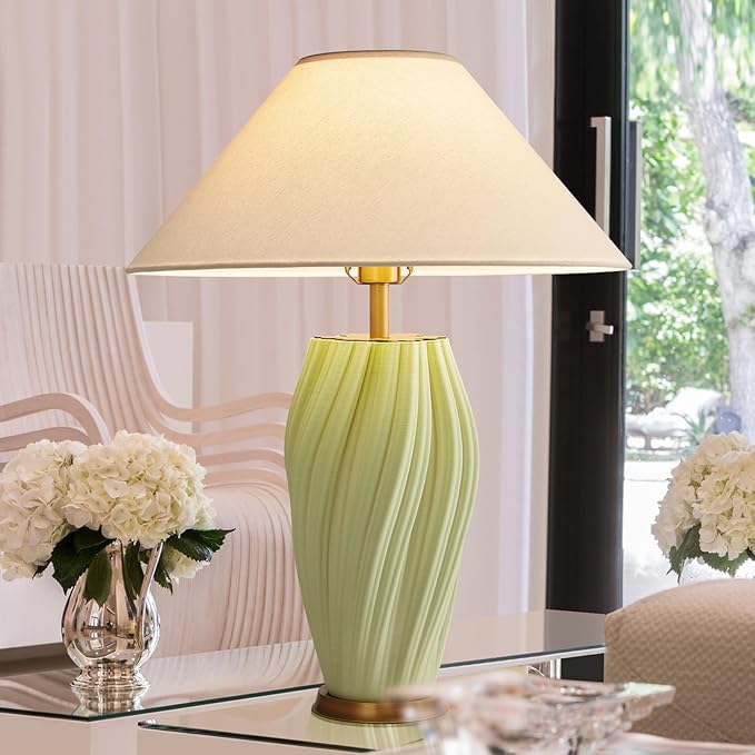 Modern E26 Ceramic Table Lamps 20.5", Sage Green Plug in Table Lamp Funky Decor for Living Room Desk End Bedroom Bedside Room Office - Bloomnest