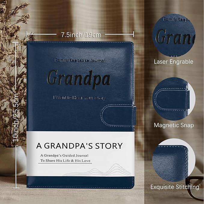 Artmag Grandpa's Life Story Journal with 250+ Prompt Questions, Family Keepsake Book Leather Cover for Grandpa to Share His Memories for Birthday Father's Day Christmas (Blue) - Bloomnest