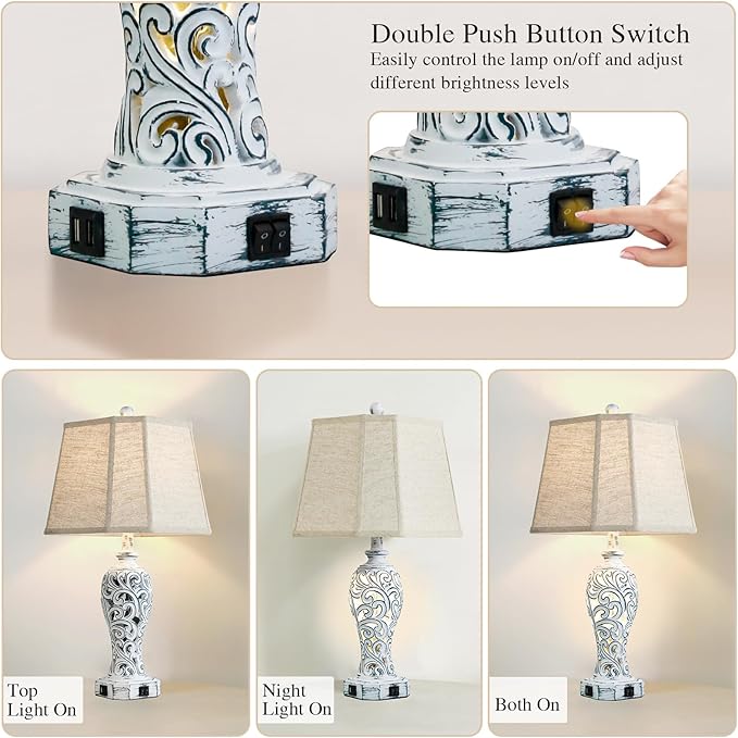 25'' Farmhouse Table Lamps Set of 2 for Living Room Bedroom, 2 USB Ports Rustic Vintage Nightstand Table Lamp with Nightlight, Hollow Out Resin Lamp for End Table (Bulbs Included) - Bloomnest