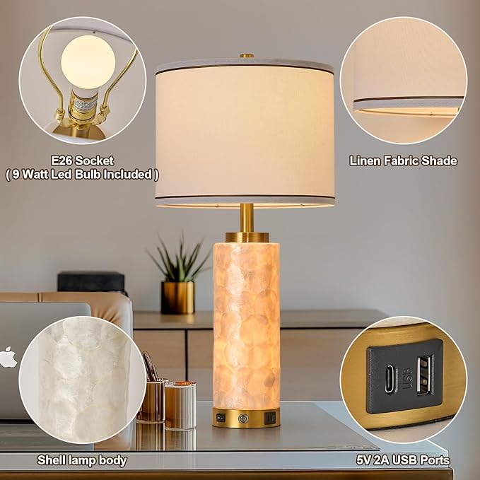 AIDENOEY 26" Modern Art Glass Table & Bedside Lamp, Stepless Dimmable Base + Dimmable 3-Color Light, USB A/C Charging Ports, Touch Control & Switch for Bedroom, Living Room, Office, Study - Bloomnest