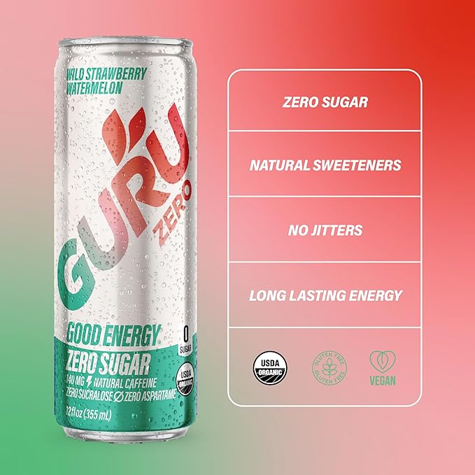 GURU ZERO SUGAR Wild Strawberry Watermelon Organic Energy Drinks, Clean Energy Drink with Plant Based Natural Caffeine from Green Tea, Coconut Water, Prebiotic, Zero Added sugars, Gluten Free and Vegan, Pre Workout, Healthy Drinks, 12oz (Pack of 24) - Bloomnest