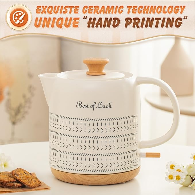 Ceramic Electric Kettle 1 Quarts, Hot Water Boiler Electric Kettles, Tea Pot with LED Light, Boil Dry Protection, Short Spout 1000W Fast Boil, Automatic Shut-off - Bloomnest