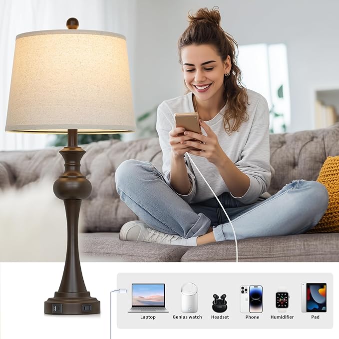 Brown Touch Table Lamps,28.75" Tall Bedside Lamps with USB C+A Ports, 3-Way Dimmable Table Lamp, Nightstand Lamps for Bedroom, Living Room，Brown Lamps with Beige Lampshade, Bulb Included - Bloomnest