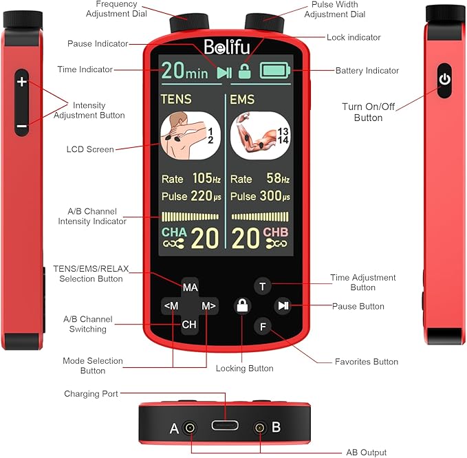 TENS EMS Unit Muscle Stimulator for Pain Relief Therapy - 4 in 1 TENS & EMS & Relax & Custom Frequency + Pulse - Muscle Massager 36 Modes 20 Intensity, Memory & Favorites Function with 600mAh Battery - Bloomnest