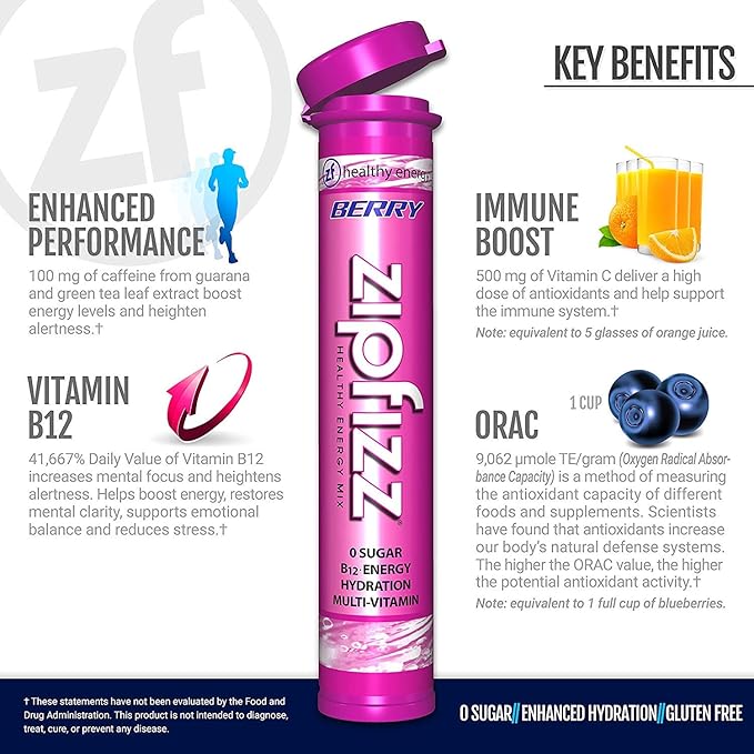 Zipfizz Daily Energy Drink Powder, Berry, 12 Pack | 3-in-1 Sustained Energy, Rapid Hydration, and Essential Vitamins | Sugar-Free | Electrolyte Powder | Contains Vitamin B-12 & Antioxidants - Bloomnest