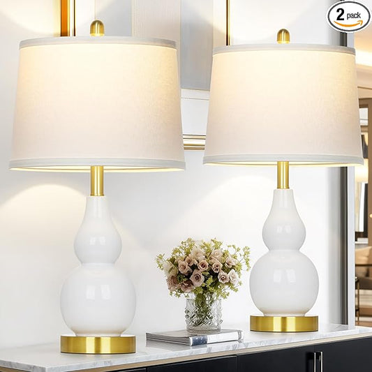25" Ceramic Table Lamps Set of 2, Modern Double Gourd Ceramic Table Lamp for Living Room，White Rustic Farmhouse Bedside Nightstand Lamps with Fabric Shades for Bedroom Desk End Table Home Office Decor - Bloomnest