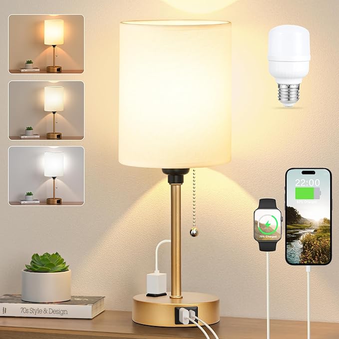 Dicoool Small Bedside Lamps 3 Color Modes - 3000K 4000K 5000K Bedroom Lamps with USB C and A Ports, Pull Chain Gold Table Lamps with AC Outlet, Nightstand Lamps with Gold Metal Base for Kids Reading - Bloomnest