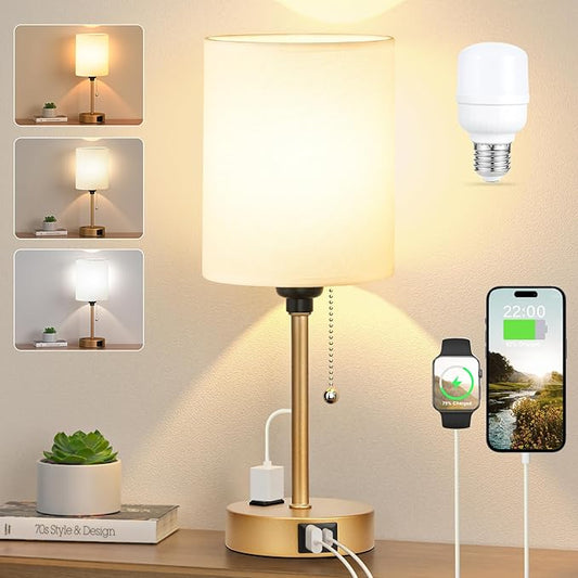 Dicoool Small Bedside Lamps 3 Color Modes - 3000K 4000K 5000K Bedroom Lamps with USB C and A Ports, Pull Chain Gold Table Lamps with AC Outlet, Nightstand Lamps with Gold Metal Base for Kids Reading - Bloomnest