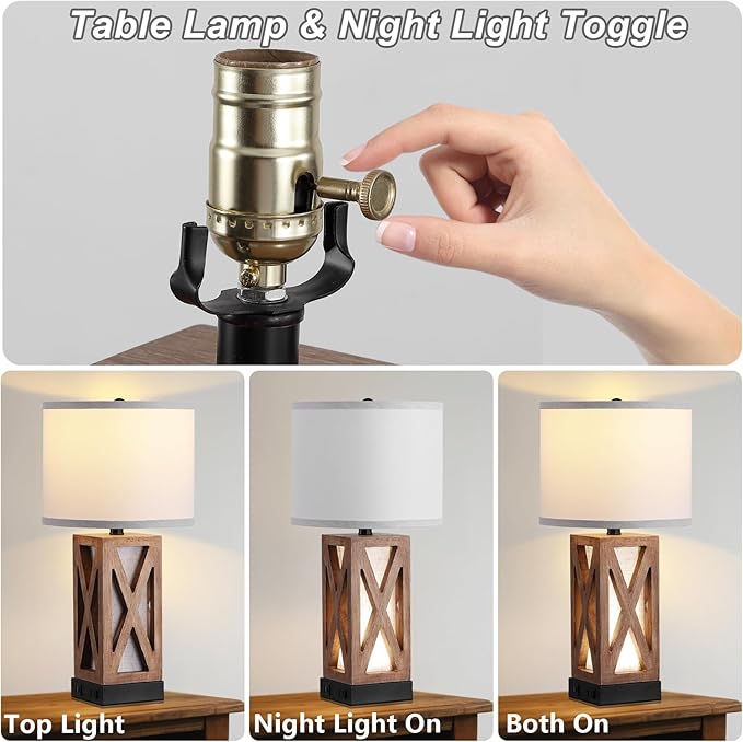 Set of 2 Wood Table Lamp, Vintage Nightstand Lamp with USB Charging Ports A/C, Farmhouse Bedside Lamps for Living Room - Bloomnest