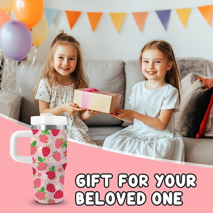 Strawberry Gifts for Girls - 14oz Pink Kids Strawberry Tumbler with Handle and Straw, Stainless Steel Insulated Water Cup, for School, Travel - Strawberries Themed Children Birthday Gift Cup(1pc) - Bloomnest