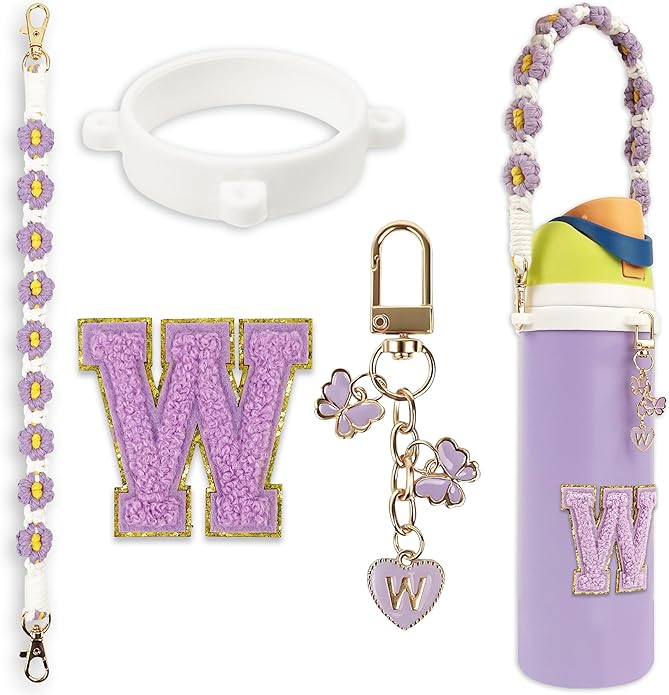 Compatible with Owala Water Bottle Accessories, Cute Letter Charm Set with Boho Handle Strap, Monogram Sticker, Silicone Ring, Keychain Decoration, for FreeSip 24 32 40oz, Owala Kids, Tumbler Gift SITKOL