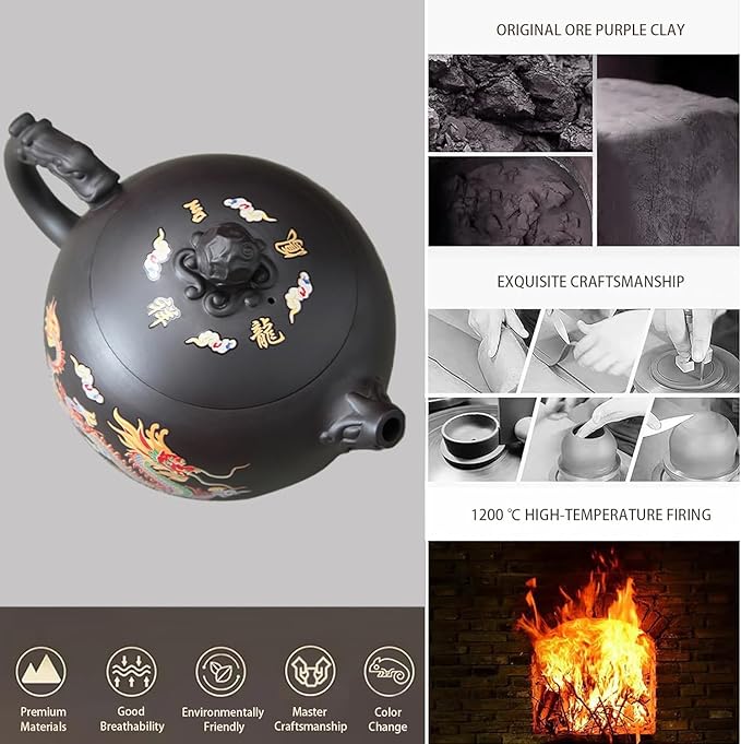 Hand-made Dragon and Phoenix Color-changing Purple Clay Teapot – Chinese Kung Fu Tea Set, Tea Lover’s Gift, Large Capacity (Teapot+2* Teacups) - Bloomnest