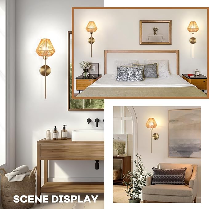 Battery Operated Wall Sconce Set of 2, Rattan Rechargeable Wall Light Dimmable with Remote Control, 15 Color Changing and Timer, Boho Wireless Battery Operated Wall lamps for Bedroom, living room - Bloomnest