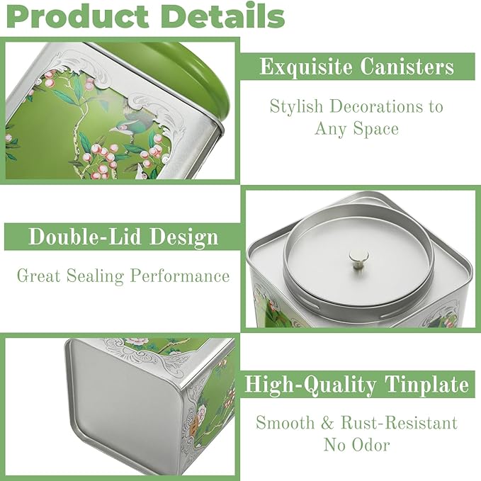 3 Pack Airtight Tea Tin Canister, 38 OZ Tinplate Empty Loose Tea Box, Chinese Style Jar with Double Lids, Matcha Tin Containers, Vintage Square Coffee Canisters for Candy Nut Spice Kitchen