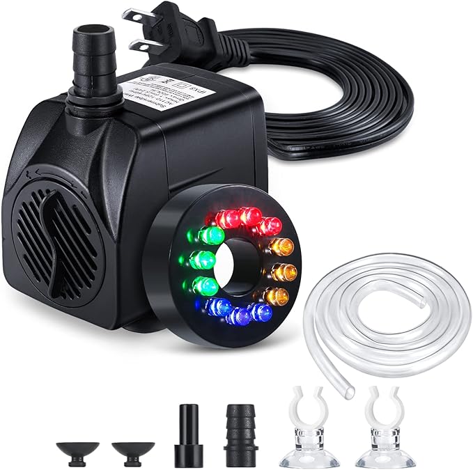 Fountain Pump with LED Lights, 220GPH(15W 900L/H) Submersible Water Pump, Durable Outdoor Fountain Water Pump with 6.5ft Tubing (ID x 1/3-Inch), 3 Nozzles for Aquarium, Pond, Fish Tank - Bloomnest