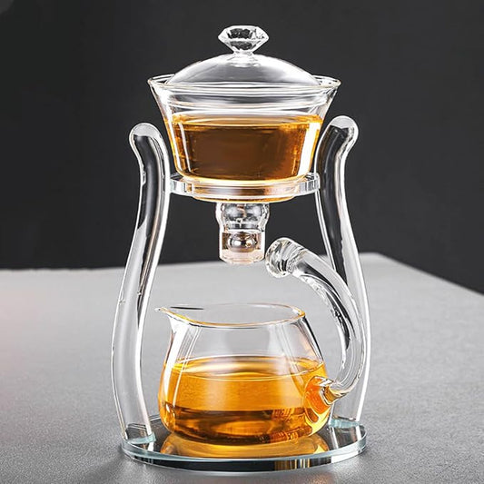 Mozeo Lazy Kungfu Teapot Glass Semi-automatic Tea Maker Suction Automatic Water Brewing Teapot Office Flower Glass Tea Set (Clear Teapot)