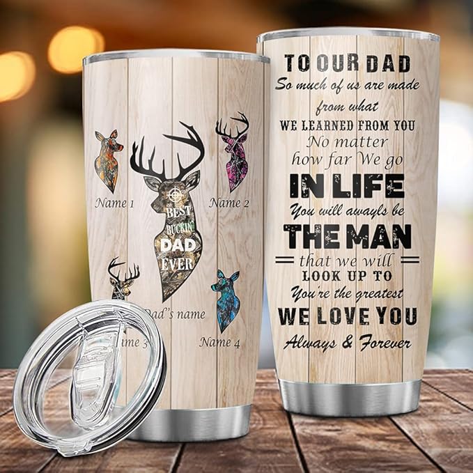 Custom Best Buckin' Dad Ever Deer Hunting Father Personalized Tumbler Cup Father's Day Gift, Gift For Hunting Dad, Dad, Father, Papa, Grandpa 20oz Insulated Coffee/Tea Tumbler with Lid - Bloomnest