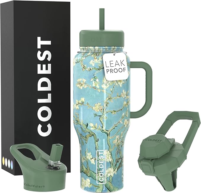 Coldest Tumbler with Handle and Straw - 100% Spill Proof Tumbler with Straw (3 Lids) - Stainless Steel Insulated Leakproof Tumblers for Women & Men - 36 oz (Almond Blossom) - Bloomnest